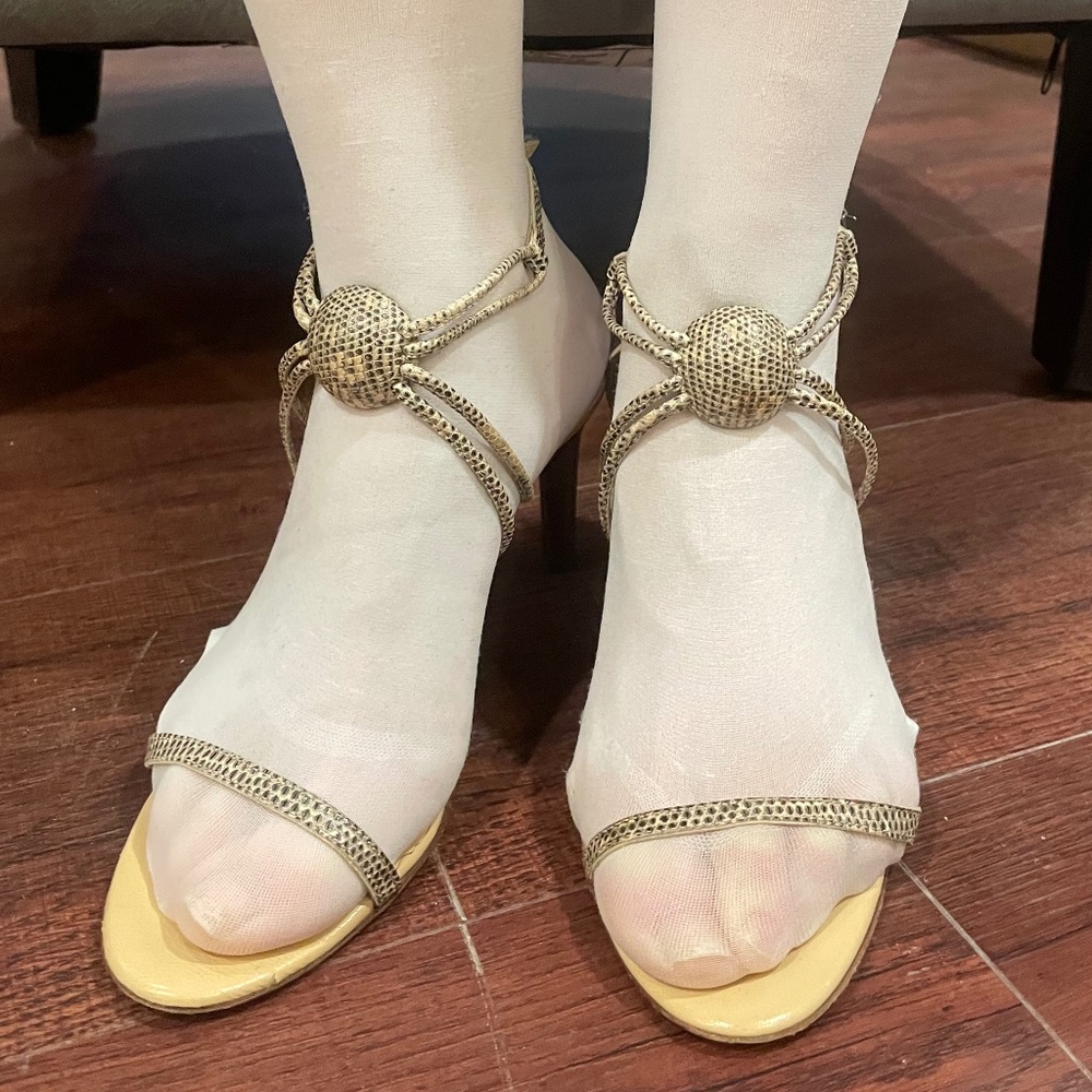 SERGIO ROSSI Snakeskin Thin Strap Mid Heel Sandals